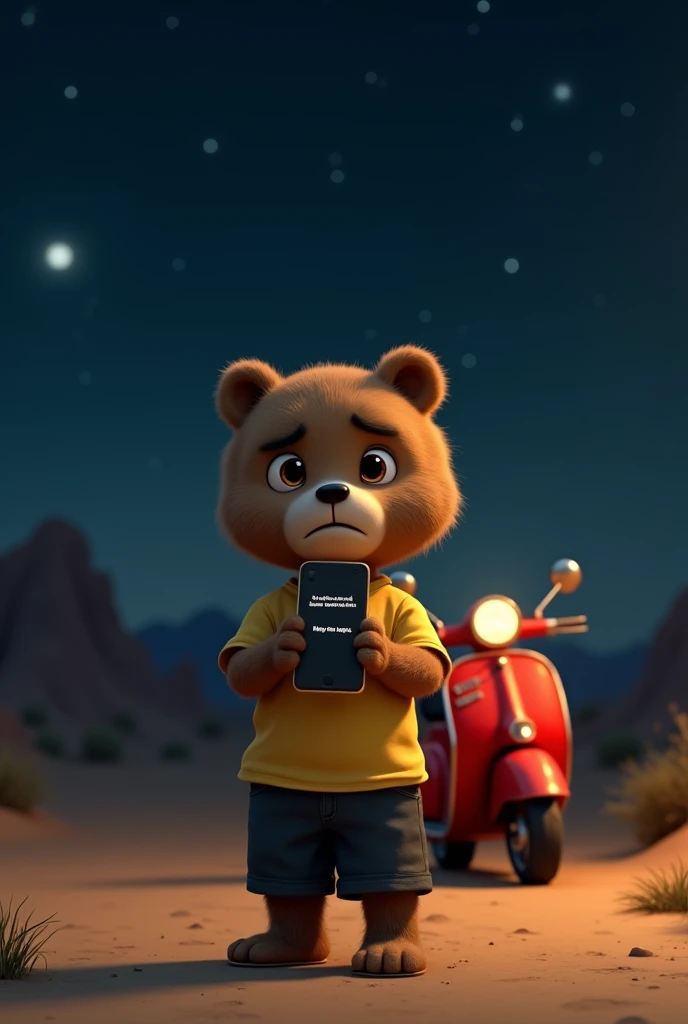 
A cartcub stands on a desert road at night, looking concerned while holding a smartphone displaying the message Dont Run. The cub wears a yellow shirt and black pant shorts and has round, expressive eyes. A red vintage scooter is parked nearby, illuminate...