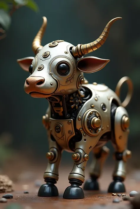 A highly detailed metal robotic BABY COW,  fantasy creature, small, cute, adorable, intricate gears, intricate mechanisms, complex machinery, ornate design, fantastical elements, dramatic lighting, photorealistic, 8k, high quality, masterpiece