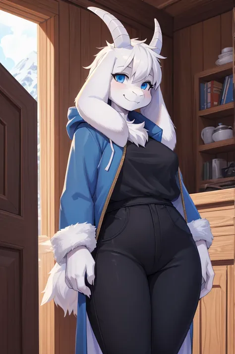 woman, young adult, alone, in a house, furry, goat, anthropomorphic goat, Asriel, Undertale ((Asriel Dreemurr)), large medium breasts, big ass, wide hips, perfect female body, tall, ((long, long hair white hair, straight hair )), blue eyes, anthropomorphic...