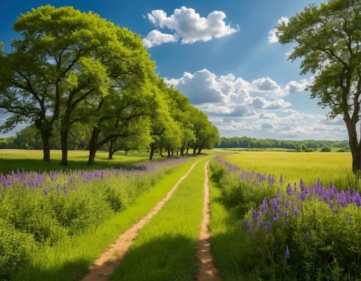 Imagine a serene outdoor scene on a bright day. The sky is a perfect mix of light and soft blue, fluffy clouds, with sun rays passing through. A vast green field stretches out before you, covered in vibrant patches of blue, purple, yellow, and red flowers ...