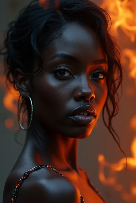 award-winning photorealistic portrait, cinematic look, soft focus, warm colors, (photorealism:1.2),  A Sultry Ebony Model Made of Fire and Ice


