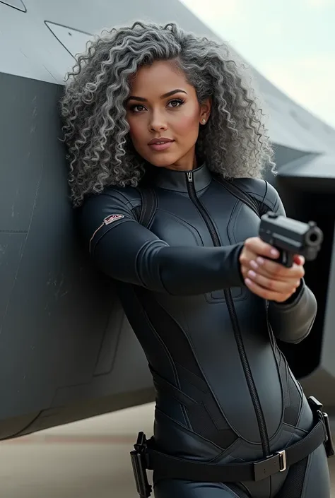 A beautiful youthful looking Filipino version of Ariana Grande as a 50 years old woman with long curly completely gray hair as the superhero Daisy Johnson from Agents of S.H.I.E.L.D wearing a Daisy Johnson outfit leaning on a f 35 holding a gun in her hand...