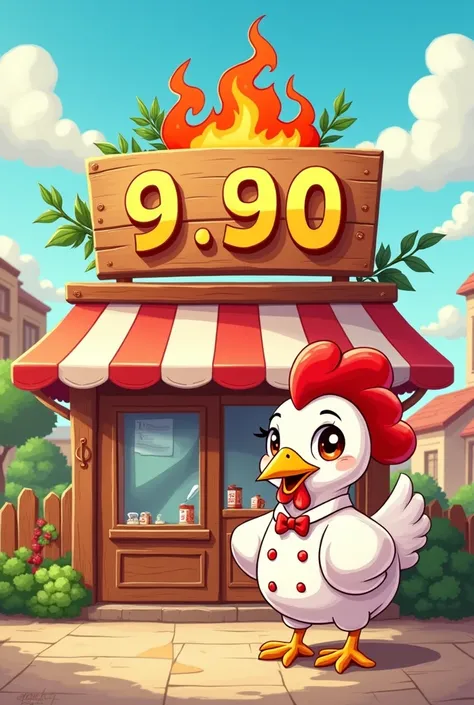 Cartoon chicken restaurant "9.90" with the logo"Chicken Firewood" 