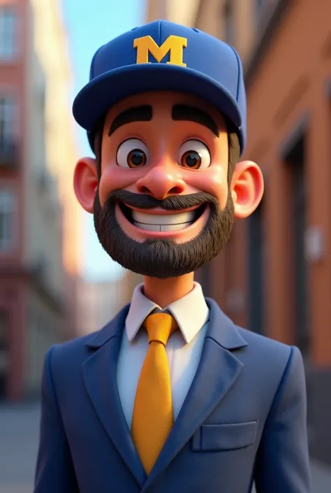 A MAN SMILING HAPPILY WITH A BLUE CAP IN PIXAR STYLE 3D HE HAS A SHORT BEARD AND IS WEARING A SUIT AND ON HIS CAP THERE IS THE LETTER M