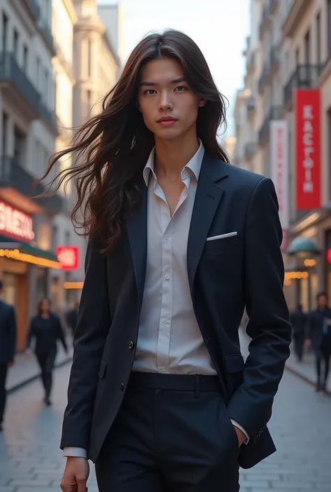 Beautiful boy with long hair, casual businessman