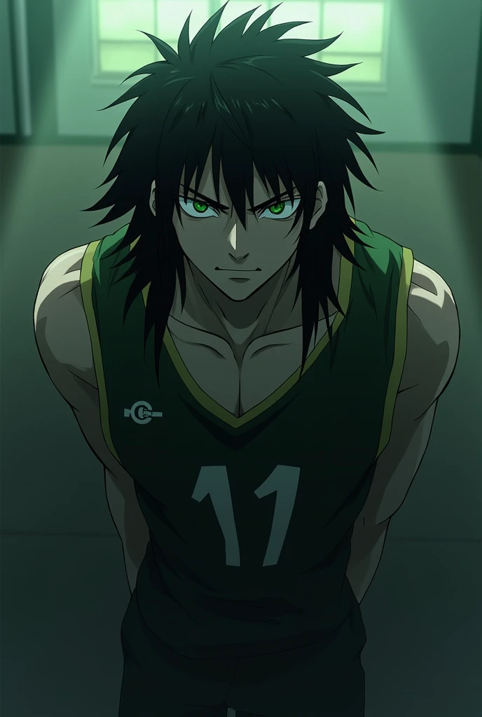 a boy from Haikyuu, green eyes, long black shaggy hair, dominant and hunter eyes, moody, He is from Karasuno and he is pale, Is high, from the anime haikyuu, He is  and is alpha