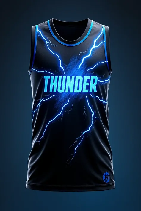 Black basketball jersey with blue rays around the jersey and the name Thunder  