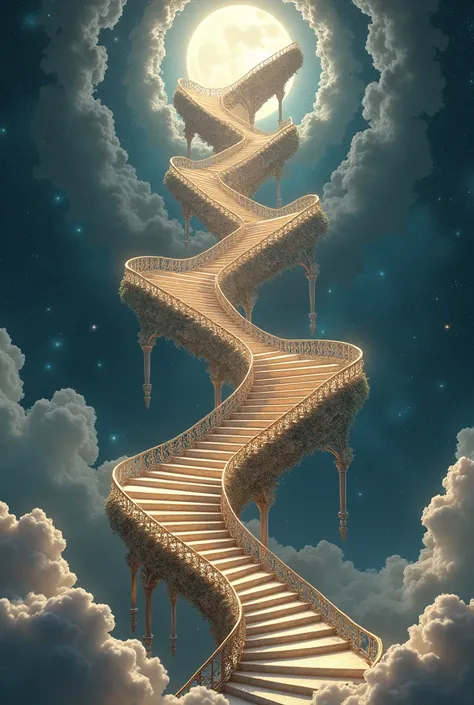 Staircase art, optical illusions, Escher design, staircase to heaven, fantasy, high quality, masterpiece, something that seems to exist but doesnt,