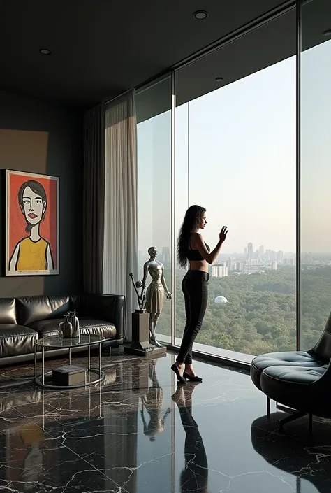 raw photo, realism, large living room with black leather curved modular sofa, glass coffee table, LC4 chaise longue, black walls, blue cubist painting by Pablo Picasso, black marble floor with exotic veins, iron sculpture of female warrior with armor, apar...