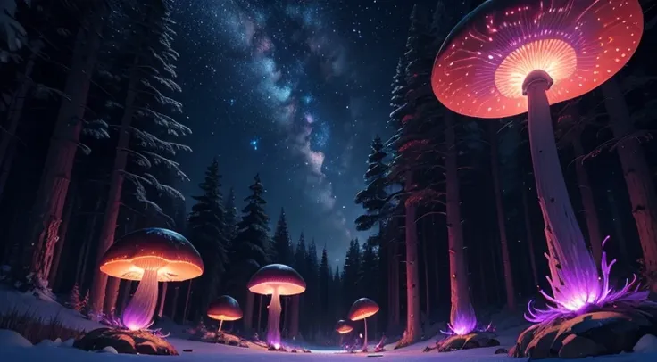 k hd,8K,Glowing mushrooms grow in the dark forest,There are bright stars in the sky,(Glowing mushrooms),Colorful fluorescent mushrooms,Forest at night,milky ways,Fantasy style,art for the game