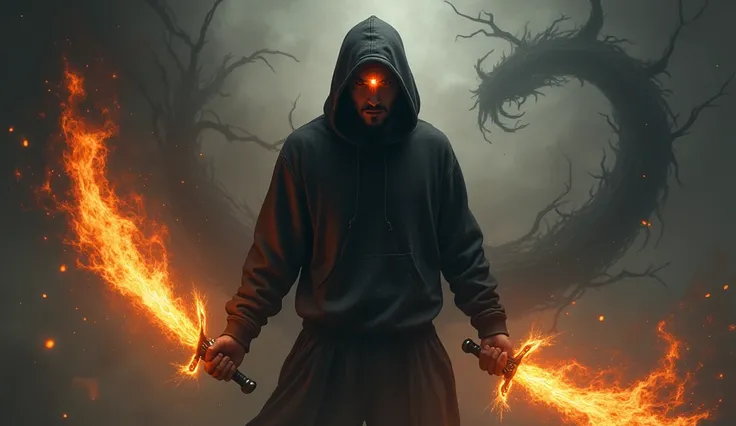 A white man wearing a black hoodie and a top, holding two fire swords, one fire eye, and a number of shadows behind him.