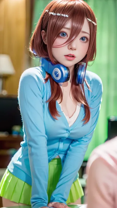 (casual clothes, long bangs, red hair, blue eyes, contacts, big blue headphones around neck), (nsfw, 8k, raw shot, best quality:...