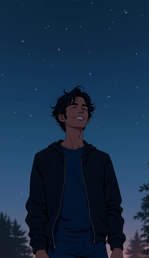 On a clear night, A young man named Marcos with wavy hair was standing with his eyes closed and a smile on his face, wearing a black sweatshirt and a dark blue shirt.. 