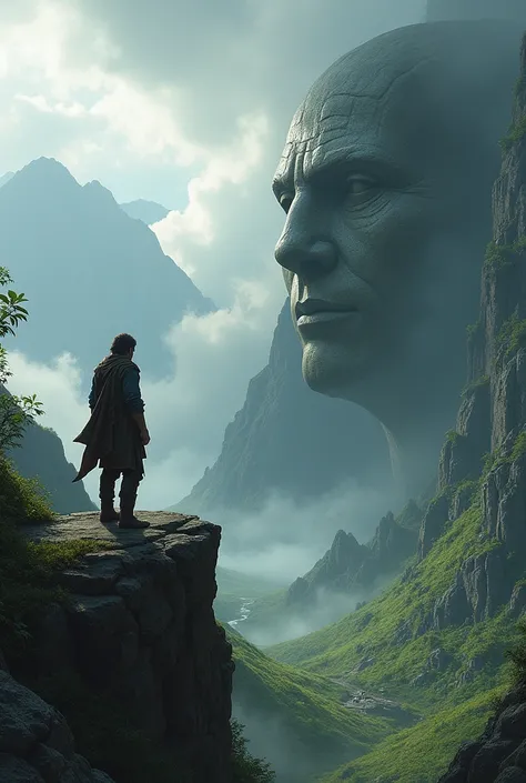 Man on a rock looking from afar at a stone head between some leafy mountains while there is a storm
