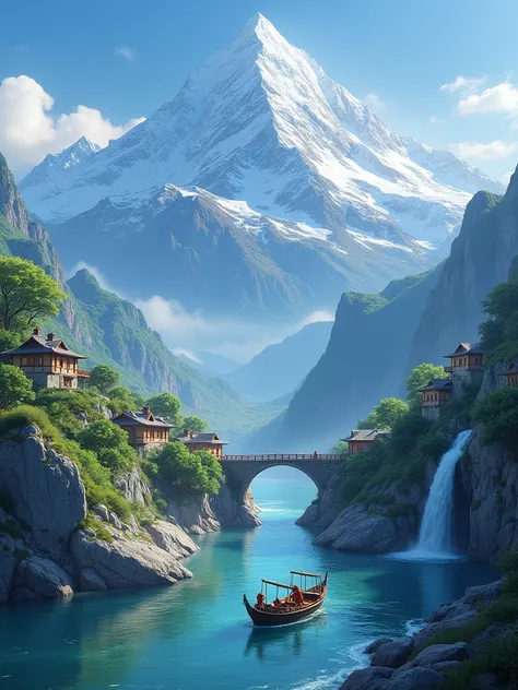 A high mountain with river, waterfall, boat, a lot of houses into the mountain. The river is in the middle of the mountain. Bridge is over the river with houses and mountain