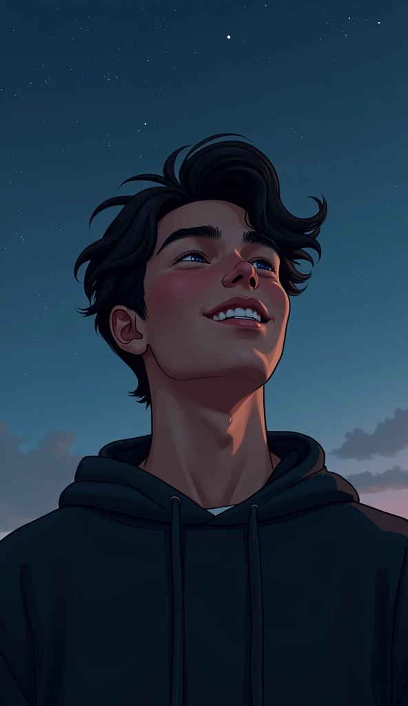 A young man named Marcos with wavy hair closed his eyes with a smile wearing a black sweatshirt and a dark blue shirt on a clear night. 