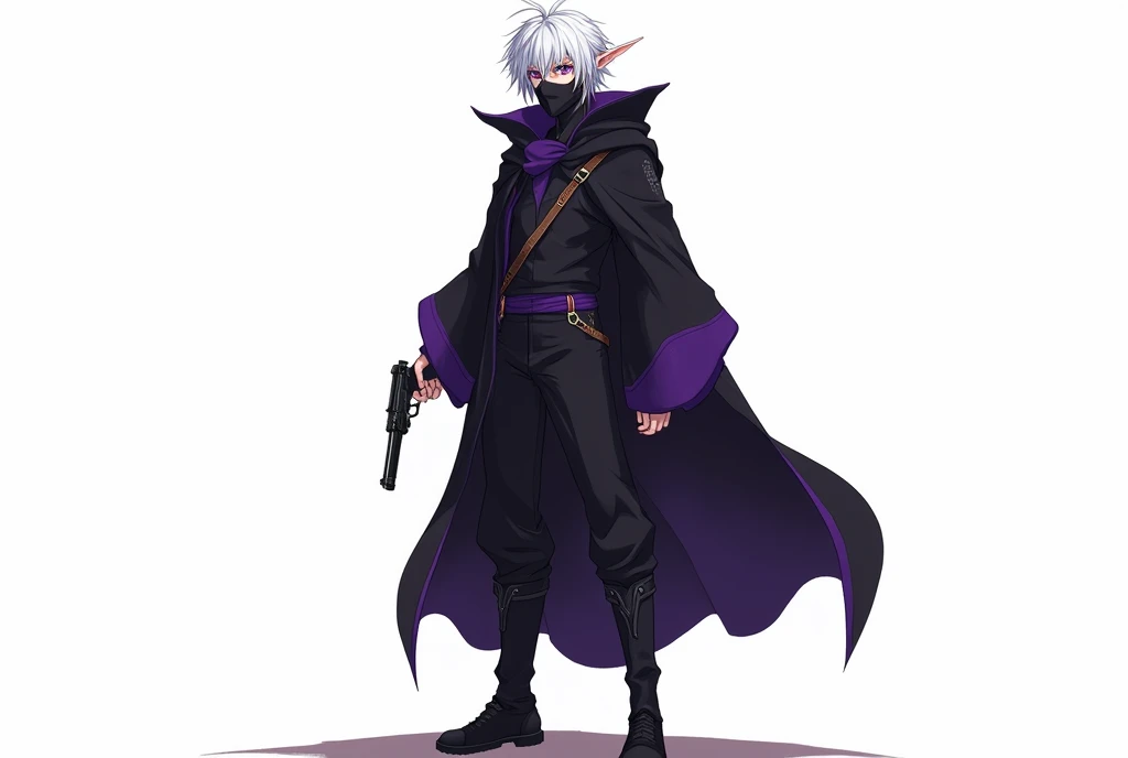 make it in anime style and with a white background, A tall man, with pale skin, white hair, purple eyes looking like night stars, and has elf ears, he wears black desert clothes that cover much of his body, he wears a black hood with purple trimmings, blac...