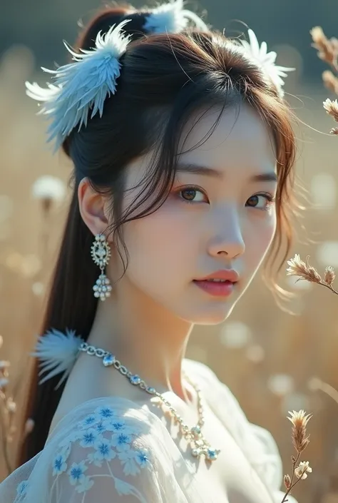 A work of art, Korean girl, soft and delicate face, detailed, clear and detailed light brown eyes, soft makeup, long hair tied with decorations of delicate light blue feathers, clothes made of delicate white and blue floral fabric and delicate feathers ost...