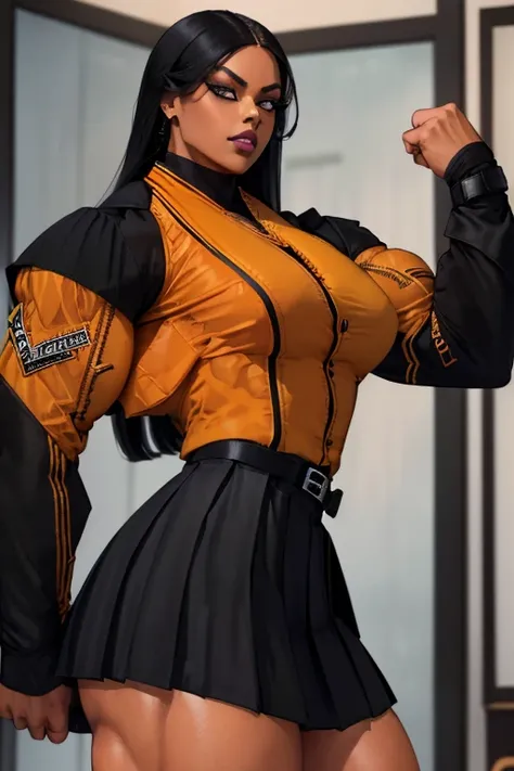 ((Close-up)), tall, (black hair) beautiful muscular woman, long straight hair, brown skinned, closed smile, large breast, (black lipstick), (massive muscles), (hyper muscle), (((ginormous bulky muscles))), orange eyes, (((((long sleeve school uniform jacke...