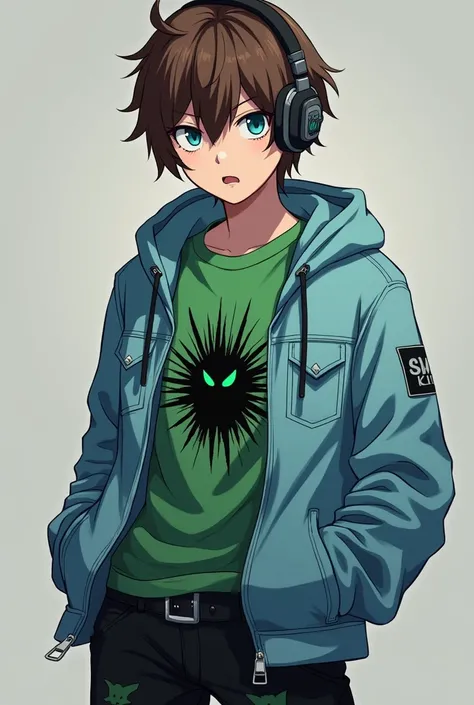 minecraft character brown hair, blue eyes, black and gray headphones, light blue jacket, green t-shirt, black distorted face exploded creeper pattern on t-shirt, black pants, black with green details , bad boy , 18 year , anime