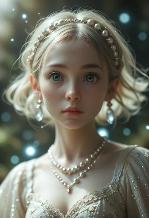 Gorgeous girl, delicate atmosphere, big eyes, pale white skin, sparkling pearl color, high brightness, dynamic pose, mysterious, dynamic angles, fantasy, sparkling,