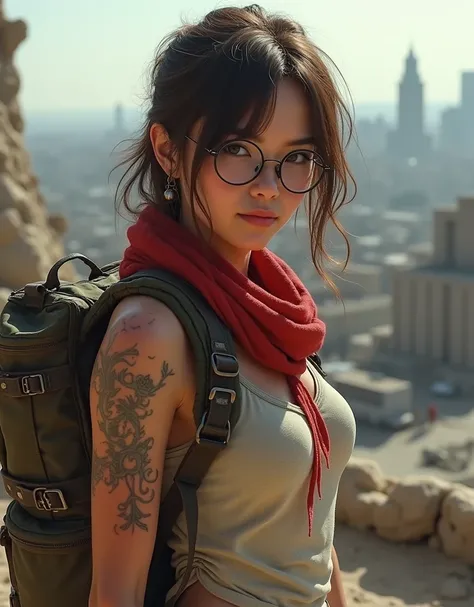 real, real photo, Intricate details. A woman with round aviator glasses. brown hair. tattoos on the body. He has a backpack on his back. wear red scarf. light clothing. post apocalyptic style. Full body image. In the background you can see a blurred city