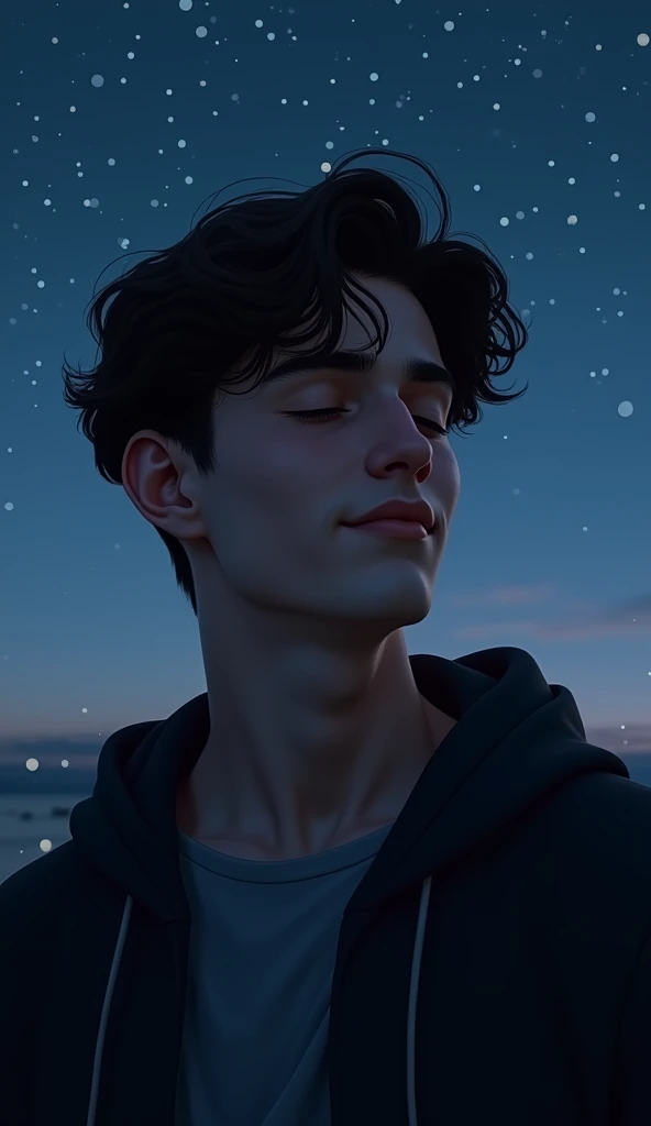 A young man named Marcos with wavy hair closed his eyes with a smile wearing a black sweatshirt and a dark blue shirt on a clear night. 