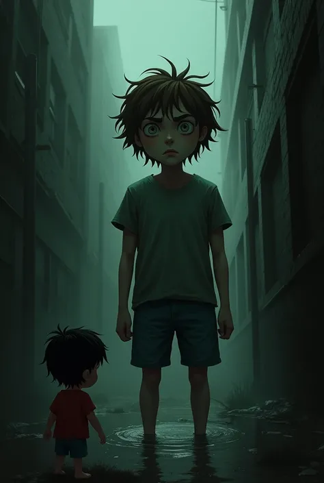 Small height male kidden , with short black hair , wearing a red T-shirt and blue shorts,   , confused by the silence, comes out of hiding and looks for male kidden , taller height , with messy brown hair , in a green t - shirt and jeans . To his horror, h...