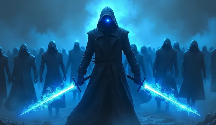 wearing a long black jacketand hood on the head, holding two flame blue swords, one blue eye, and have a warrior blue shadows army behind him.