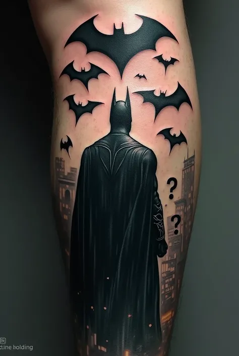 Batman Tattoo, below bats flying freely, from bottom to top as a swarm in the rain up to the shoulder. the bats then form Batman&#39;s cape. Batman stands with his back to us and looks up at the Batlogo. under the logo is a smile of the Joker. Gothman City...