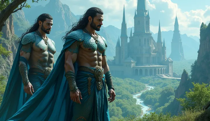 Fantasy blue and green sorcerer muscular men elves in front of the elves kingdoms landscape 