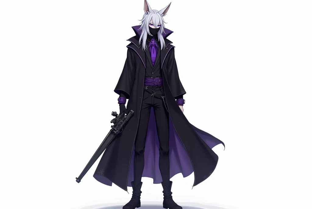 make it in anime style and with a white background, A tall man, with pale skin, white hair, purple eyes looking like night stars, and has elf ears, he wears black desert clothes that cover much of his body, he wears a black hood with purple trimmings, blac...