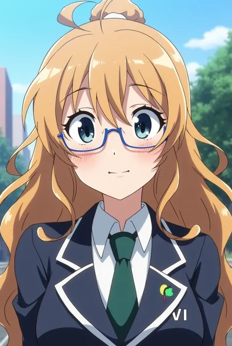 screenshot, Boku no Hero Academia, , long wavy hair light brown hair tied in a half ponytail with bangs dark blue eyes, glasses, Smiling expression, Academy uniform 