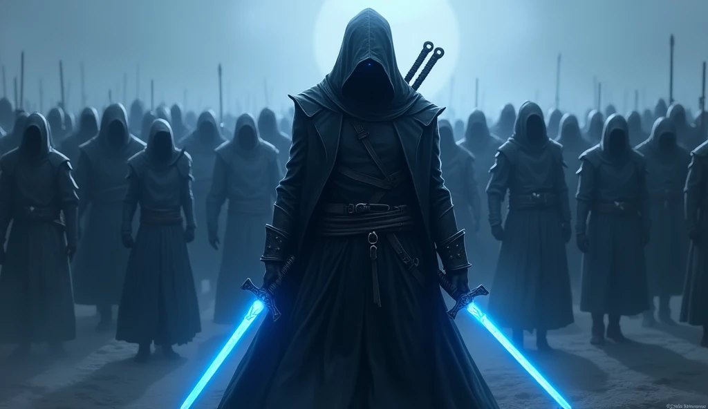 wearing a long black jacketand hood on the head, holding two flame blue swords, and one blade in his back one blue eye, and have a warrior blue shadows army behind him.