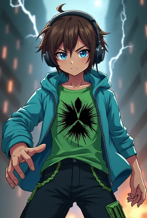 minecraft character brown hair, blue eyes, black and gray headphones, light blue jacket, green t-shirt, black distorted face exploded creeper pattern on t-shirt, black pants, black with green details , bad boy, 18 year , anime , cool pp, Lightning