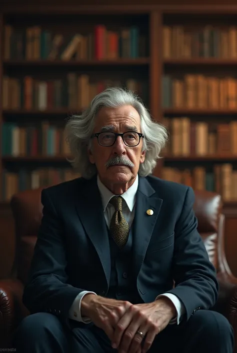 an image of a psychologist sitting thoughtfully exuding power and self-knowledge, with books in the background