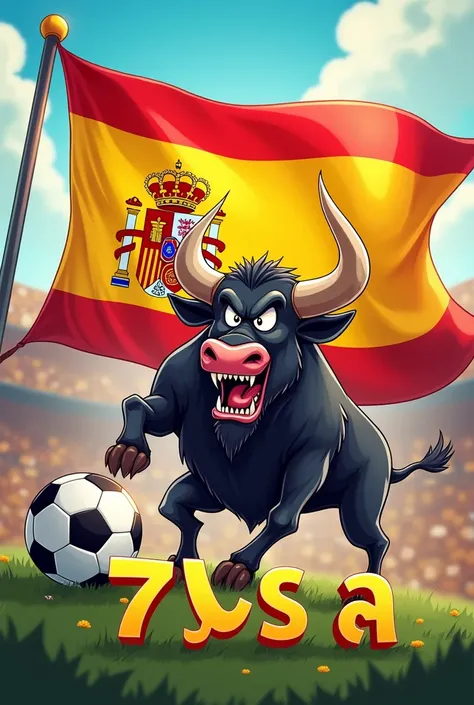 cartoon image, cheering flag style, with the flag of Spain, an evil bull ready to devour anyone, a soccer ball and written underneath "7° yes A"