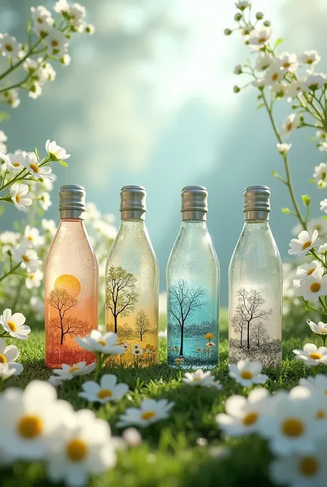 I want bottles from the Swell brand with drawings of the seasons with the background of a garden full of white flowers and instead of the Swell brand it will be Hidrotag