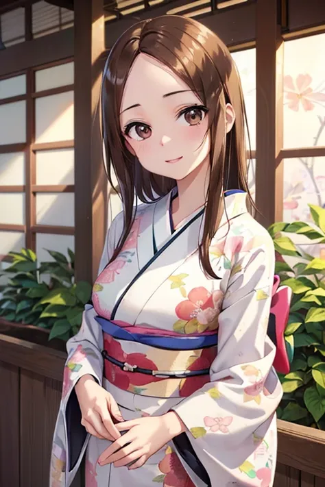 takagi-san、shiny brown hair, long hair,((medium chest、amount、center part:1.2))、 beautiful brown eyes、smile、shining eyes, (fine g...