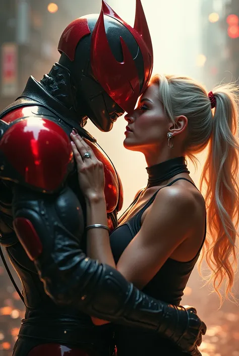 Kamen Rider Decade without the helmet hugging Cammy White from Street Fighter 6 about to kiss 