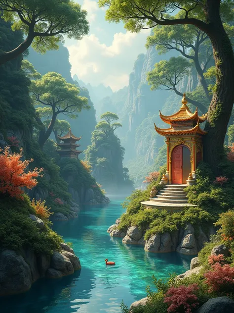 forest full of rivers meandering through its markets, palaces and pavilions. The river banks are of pearls and coral. Their soil is pure musk. Inside are jewelled thrones for you to rest on, offering panoramic views. 
Image ratio 9:16