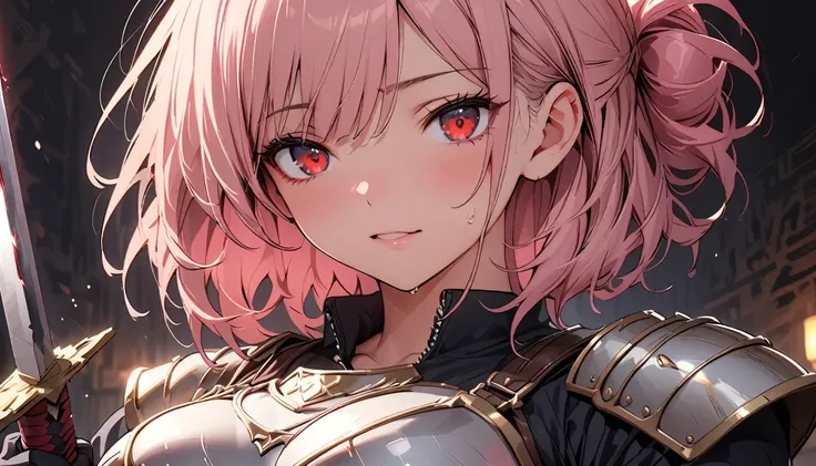 (high quality, 8k, 4K, High Contrast, masterpiece:1.2, 最high quality, Best aesthetics), Beautiful illustrations, Flat Color ((Holding a sword:1.5)), Low Angle Wide Shot, ((1 girl)), Perfect Face,(Painful expression), ((Red eyes)), Sweating,Cute and symmetr...