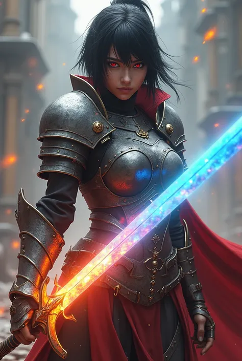 A warrior with a rainbow-shining sword, almost complete armor, 2, the palms of the hands burned, straight spiky black hair and wine red eyes.
