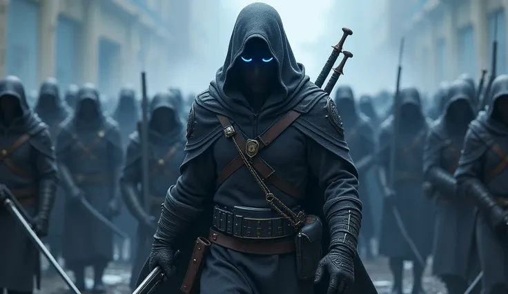 wearing a long black jacketand hood on the head, holding one flame blue swords,and one hand have ahotgun and two blade in his back two blue eye, and have a warrior  shadows army behind him.