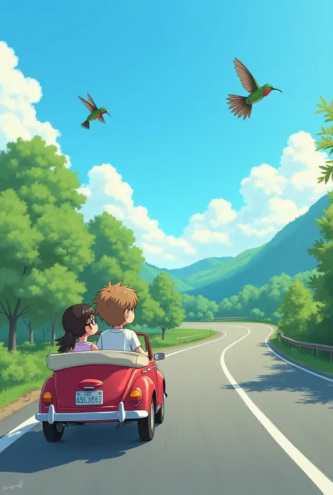 Couple in anime. From rear view, The boy drives,  He has light brown hair, The girl has glasses and sees two hummingbirds flying 