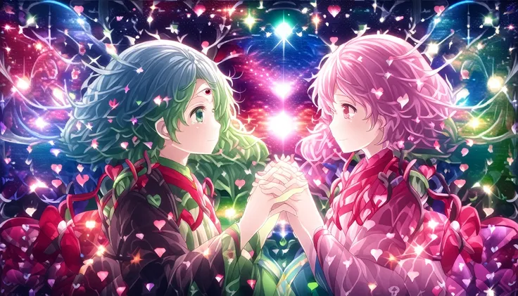 ((((((East、Komeiji Sisters))))))　(((((Put your hands together、Two people facing each other、close　Third Eye　Galaxy Background、Shine)))))　((((Fantasy　Lots of hearts、Pink and green　Swaying in the Wind))))　(((Lonely、despair)))　((tears))　(Distorted Space-Time　B...