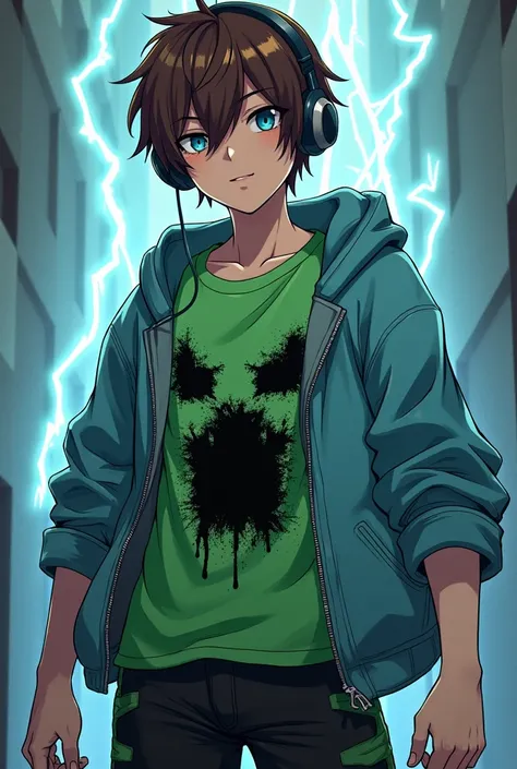 minecraft character brown hair, blue eyes, black and gray headphones, light blue jacket, green t-shirt, black distorted face exploded creeper pattern on t-shirt, black pants, black with green details , anime bad boy, 18 year , cool pp, creeper face , light...