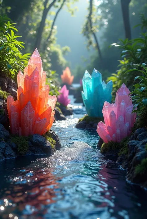 Quartz crystals of incredible color and height sticking up out of the ground lining a oil slick black streams curved edges, a lush jungle beyond the edges of the crystal stream,Full sunlight on oul slick black stream and huge multicolred crystals. Breathta...