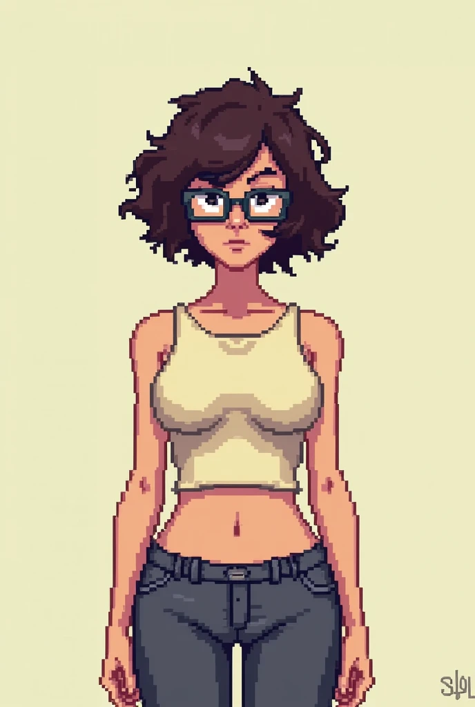 Ramona flowers with large mammary glands and a pair of glasses on in pixel art style