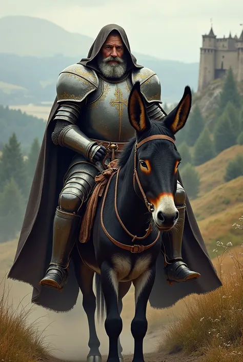 Medieval church monk in armor riding a donkey